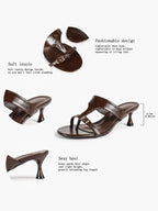 Brown Glossy Faux Leather T-Strap Thong Mule Sandals Adjustable Buckle Kitten Heels Slip-On Soft Insole