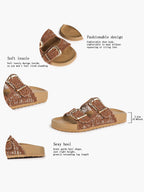 Tan Woven Double-Strap Slide Sandals with Gold Buckles for Boho Summer Days