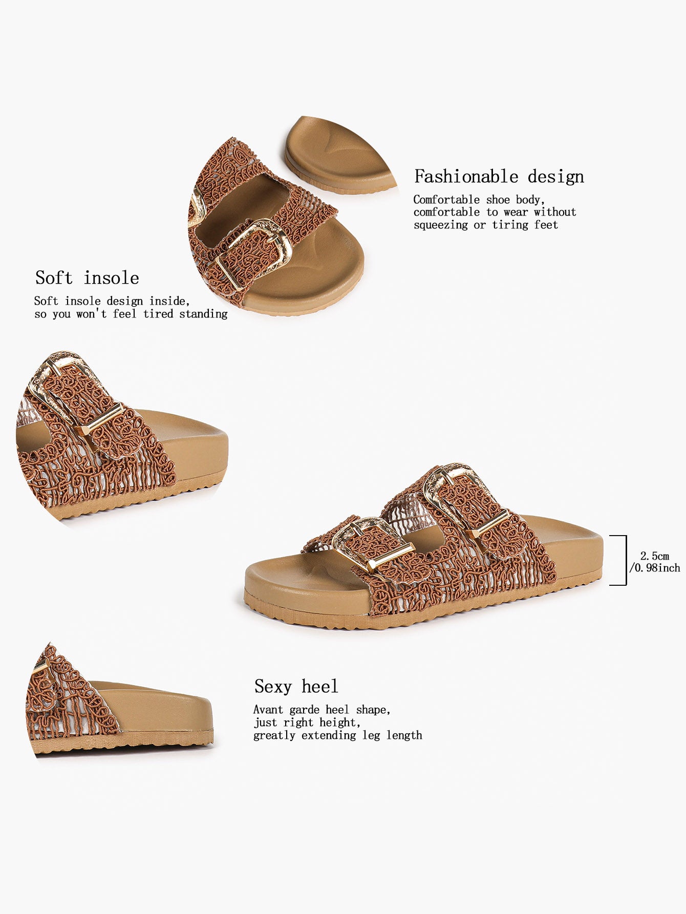 Tan Woven Double-Strap Slide Sandals with Gold Buckles for Boho Summer Days