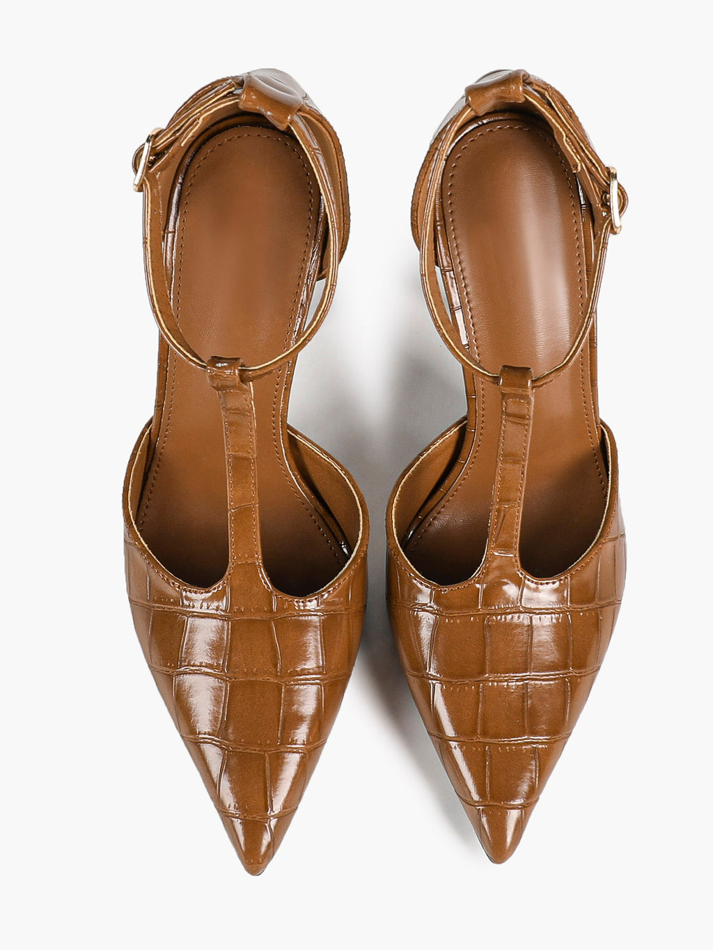 Sculpted T-Strap Stilettos - Caramel Quilted Patent Pumps with a Leg-Lengthening 4.13" Heel
