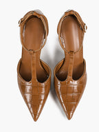 Sculpted T-Strap Stilettos - Caramel Quilted Patent Pumps with a Leg-Lengthening 4.13" Heel