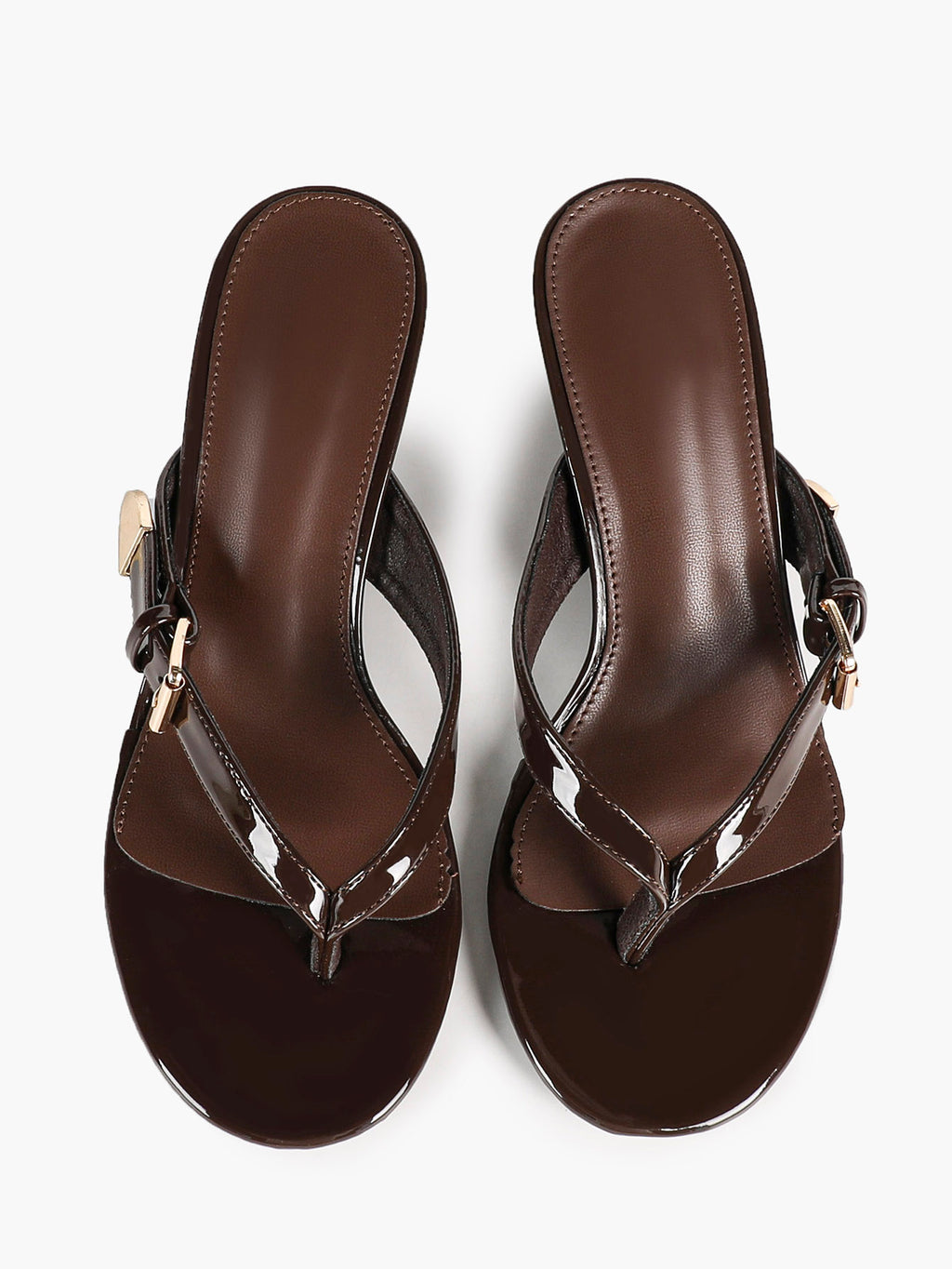 Women's Dark Brown Patent Leather T-Strap Thong Mule Sandals Buckle Detail Kitten Heels Slip-On with Soft Insole