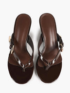 Women's Dark Brown Patent Leather T-Strap Thong Mule Sandals Buckle Detail Kitten Heels Slip-On with Soft Insole