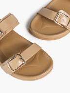 Black Patent Croc-Embossed Double Buckle Slide Sandals