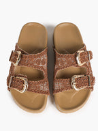 Tan Woven Double-Strap Slide Sandals with Gold Buckles for Boho Summer Days