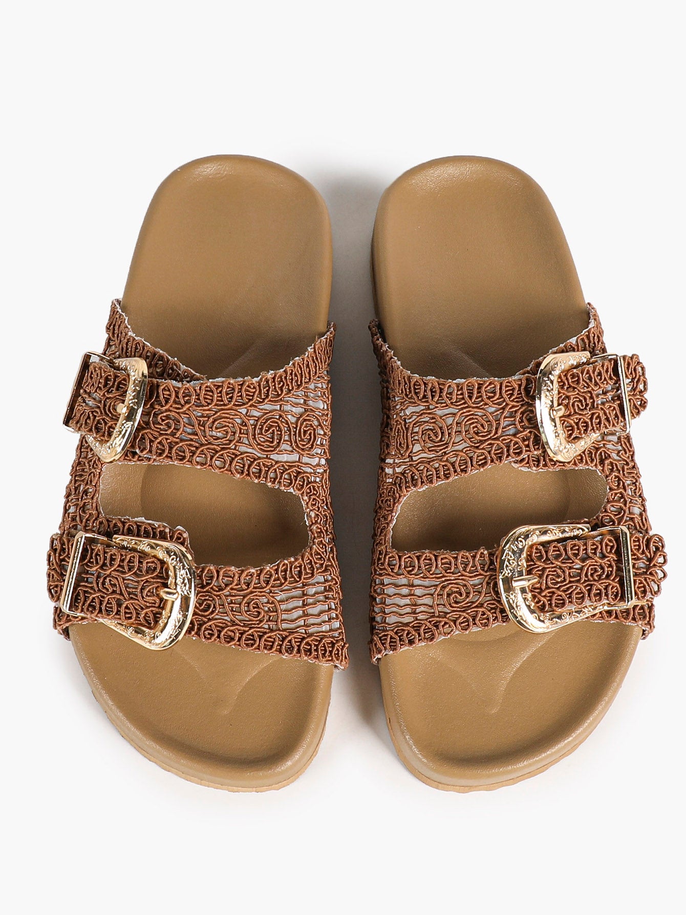 Tan Woven Double-Strap Slide Sandals with Gold Buckles for Boho Summer Days