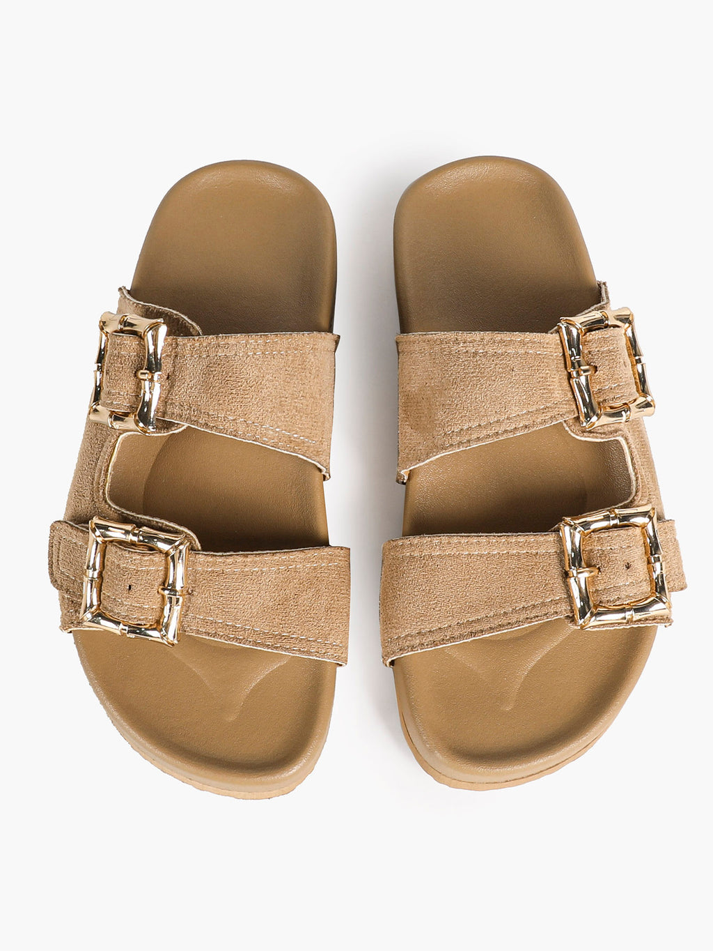 Camel Suede Double-Buckle Platform Slides with Textured Gold-Tone Hardware
