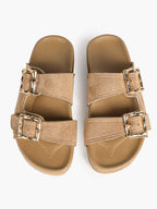 Camel Suede Double-Buckle Platform Slides with Textured Gold-Tone Hardware