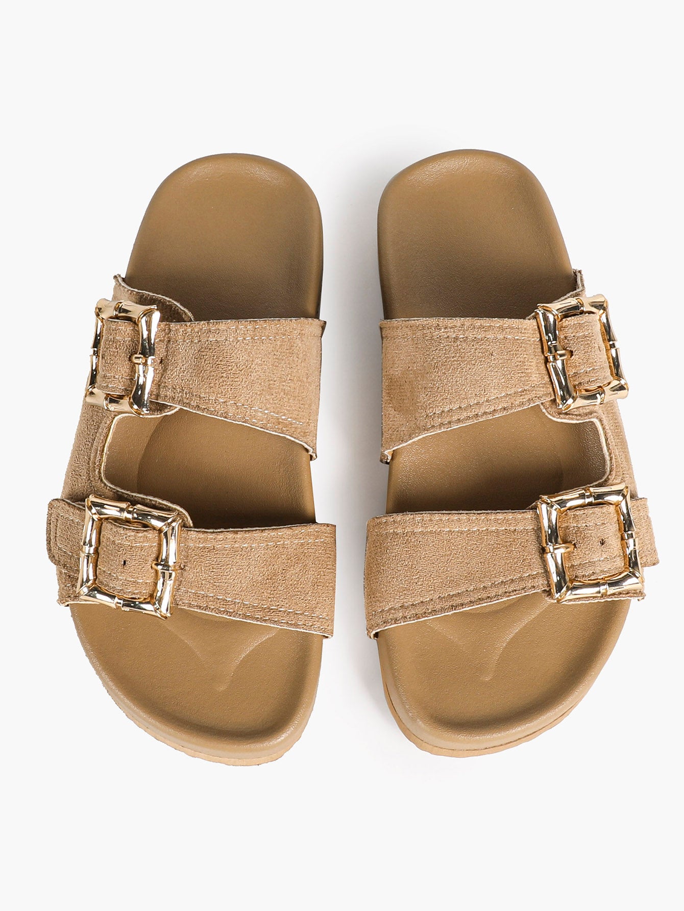 Camel Suede Double-Buckle Platform Slides with Textured Gold-Tone Hardware