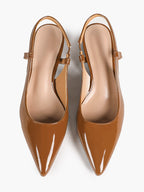Caramel Patent Pointed-Toe Slingback Pumps with Split-Strap Detail and Block Heel