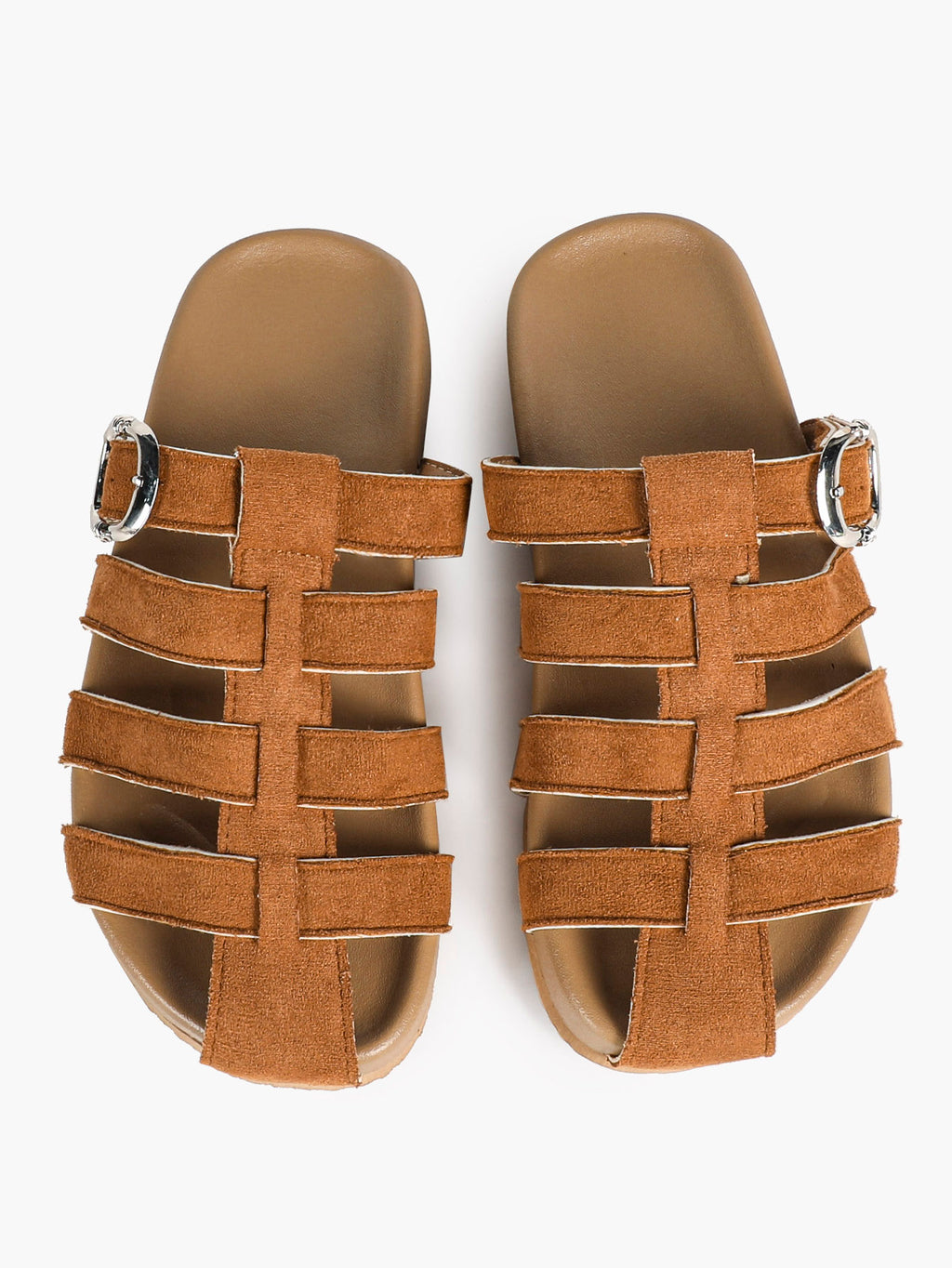 Camel Suede Woven Cage Slides with Silver-Tone Side Buckle
