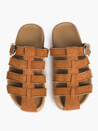 Camel Suede Woven Cage Slides with Silver-Tone Side Buckle