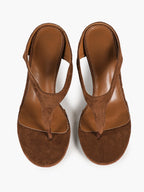 Women's Brown Suede T-Strap Thong Sandals Kitten Heels Slip-On Mules with Soft Insole