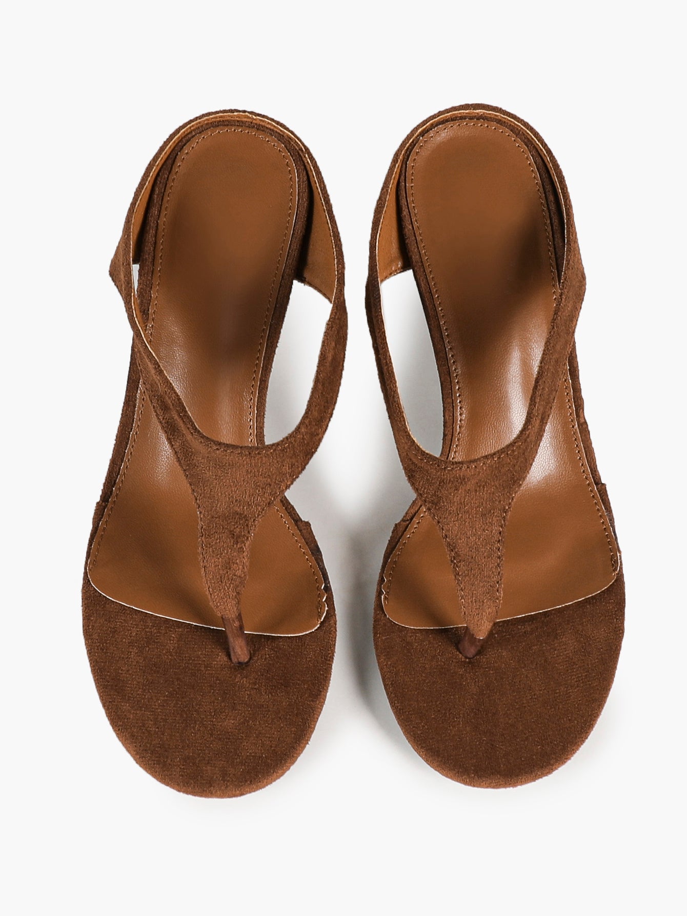 Women's Brown Suede T-Strap Thong Sandals Kitten Heels Slip-On Mules with Soft Insole