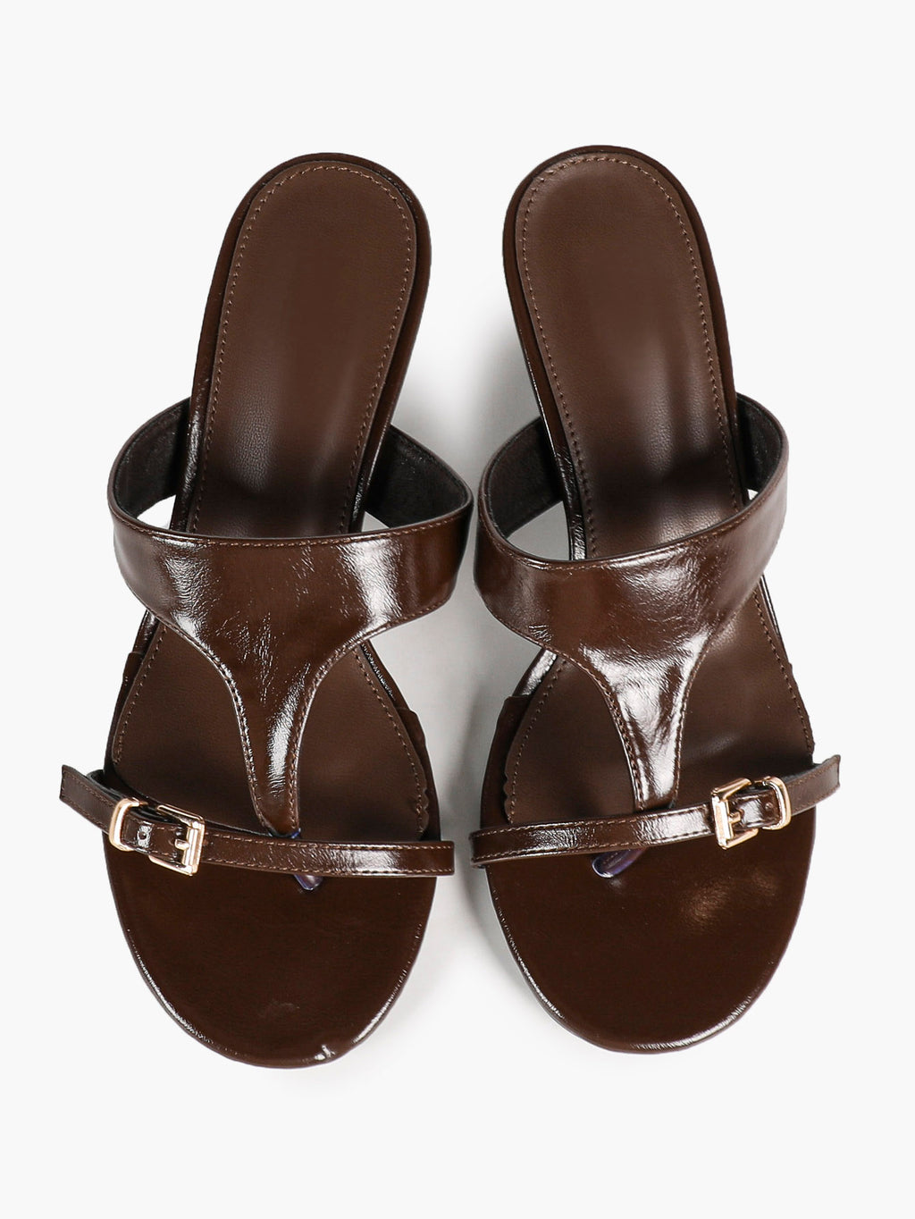 Brown Glossy Faux Leather T-Strap Thong Mule Sandals Adjustable Buckle Kitten Heels Slip-On Soft Insole