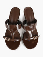Brown Glossy Faux Leather T-Strap Thong Mule Sandals Adjustable Buckle Kitten Heels Slip-On Soft Insole