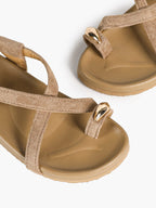 Olive Suede Crisscross Strap Sandals with Gold-Tone Hardware
