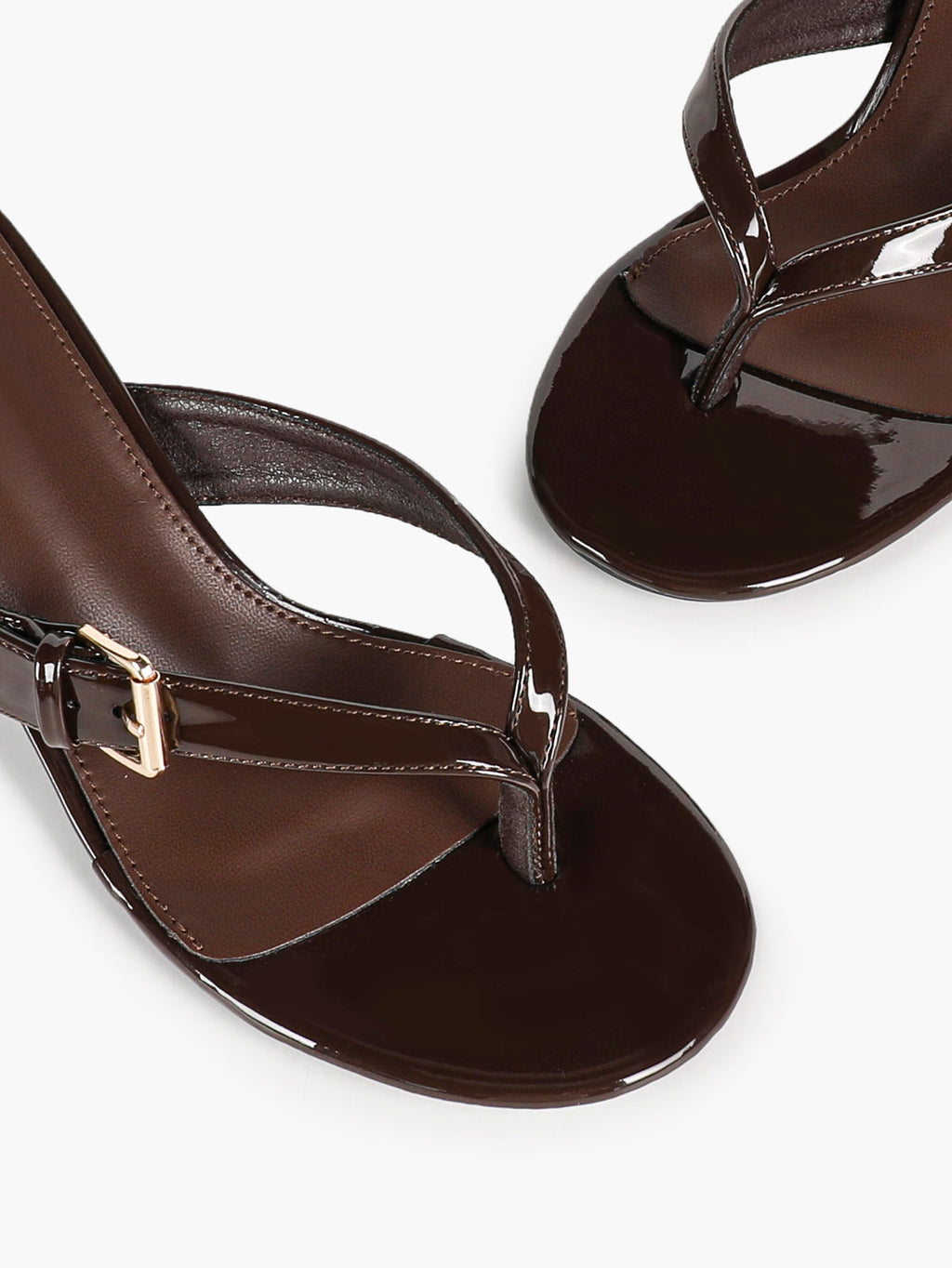 Women's Dark Brown Patent Leather T-Strap Thong Mule Sandals Buckle Detail Kitten Heels Slip-On with Soft Insole