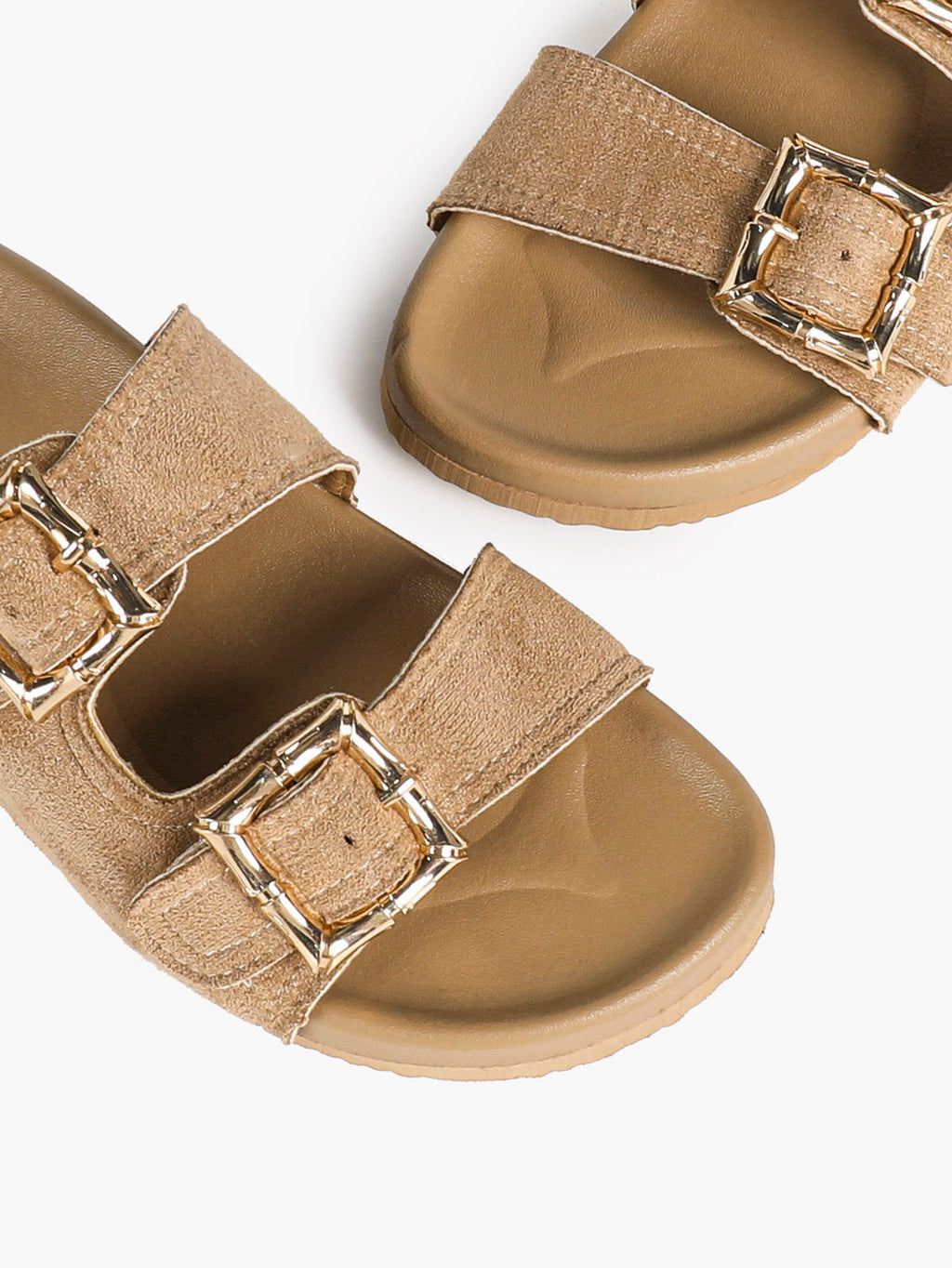 Camel Suede Double-Buckle Platform Slides with Textured Gold-Tone Hardware