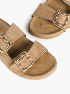 Camel Suede Double-Buckle Platform Slides with Textured Gold-Tone Hardware