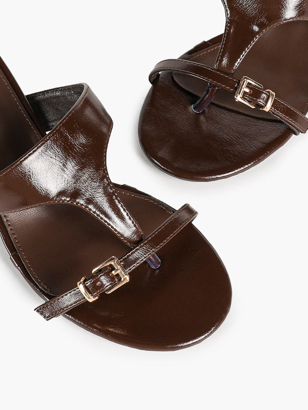 Brown Glossy Faux Leather T-Strap Thong Mule Sandals Adjustable Buckle Kitten Heels Slip-On Soft Insole