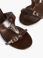 Brown Glossy Faux Leather T-Strap Thong Mule Sandals Adjustable Buckle Kitten Heels Slip-On Soft Insole