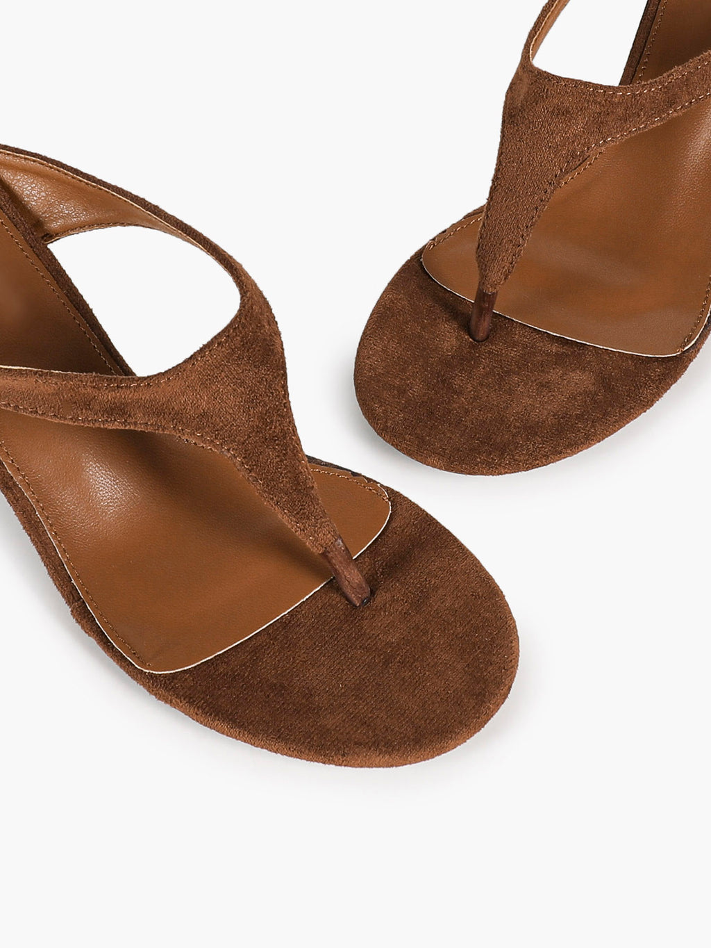 Women's Brown Suede T-Strap Thong Sandals Kitten Heels Slip-On Mules with Soft Insole