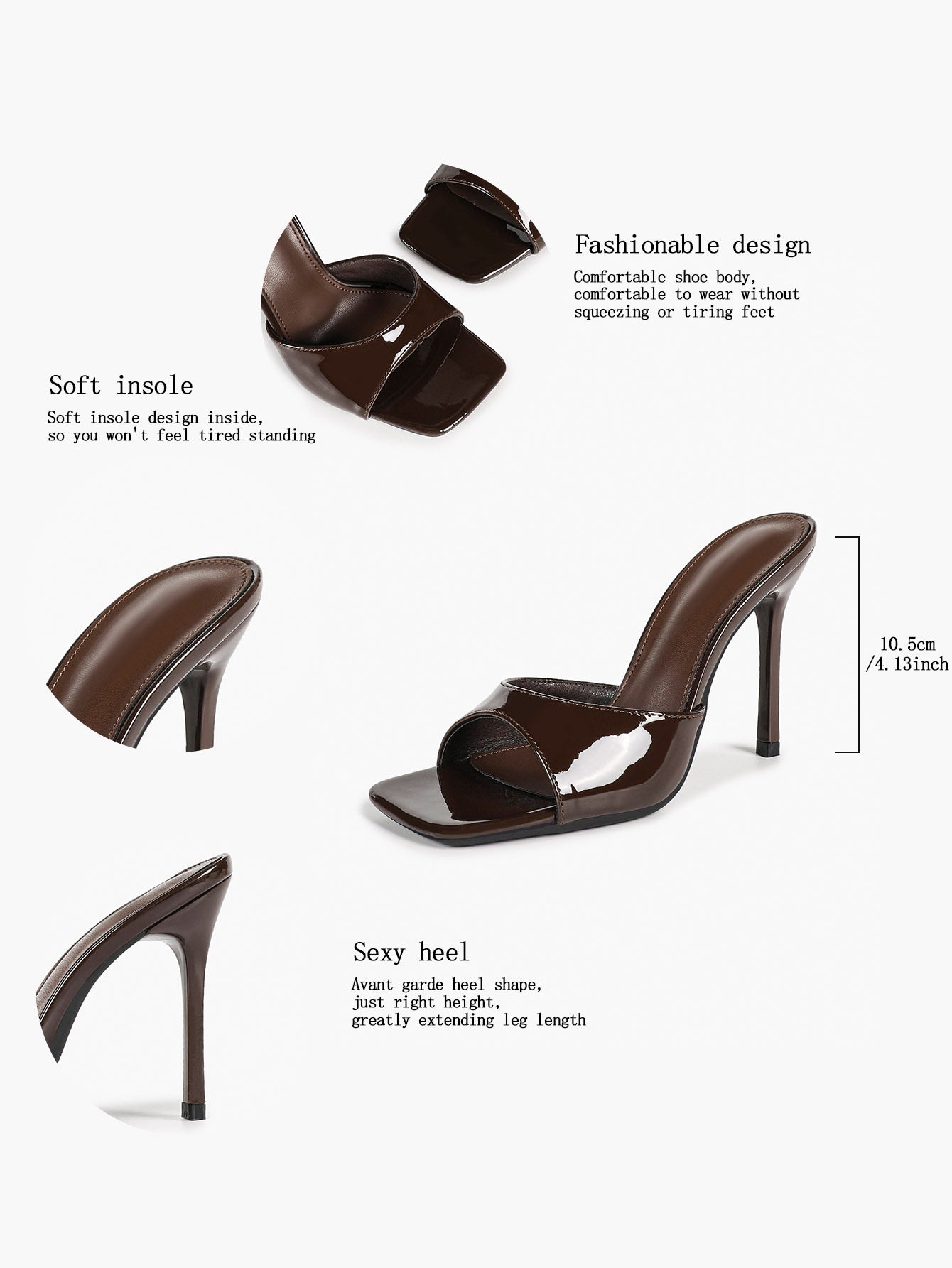 White Patent Leather Square Toe Single-Band Mule Heels Slip-On Stilettos with Soft Insole