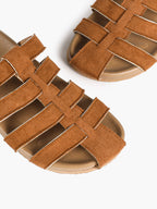 Camel Suede Woven Cage Slides with Silver-Tone Side Buckle