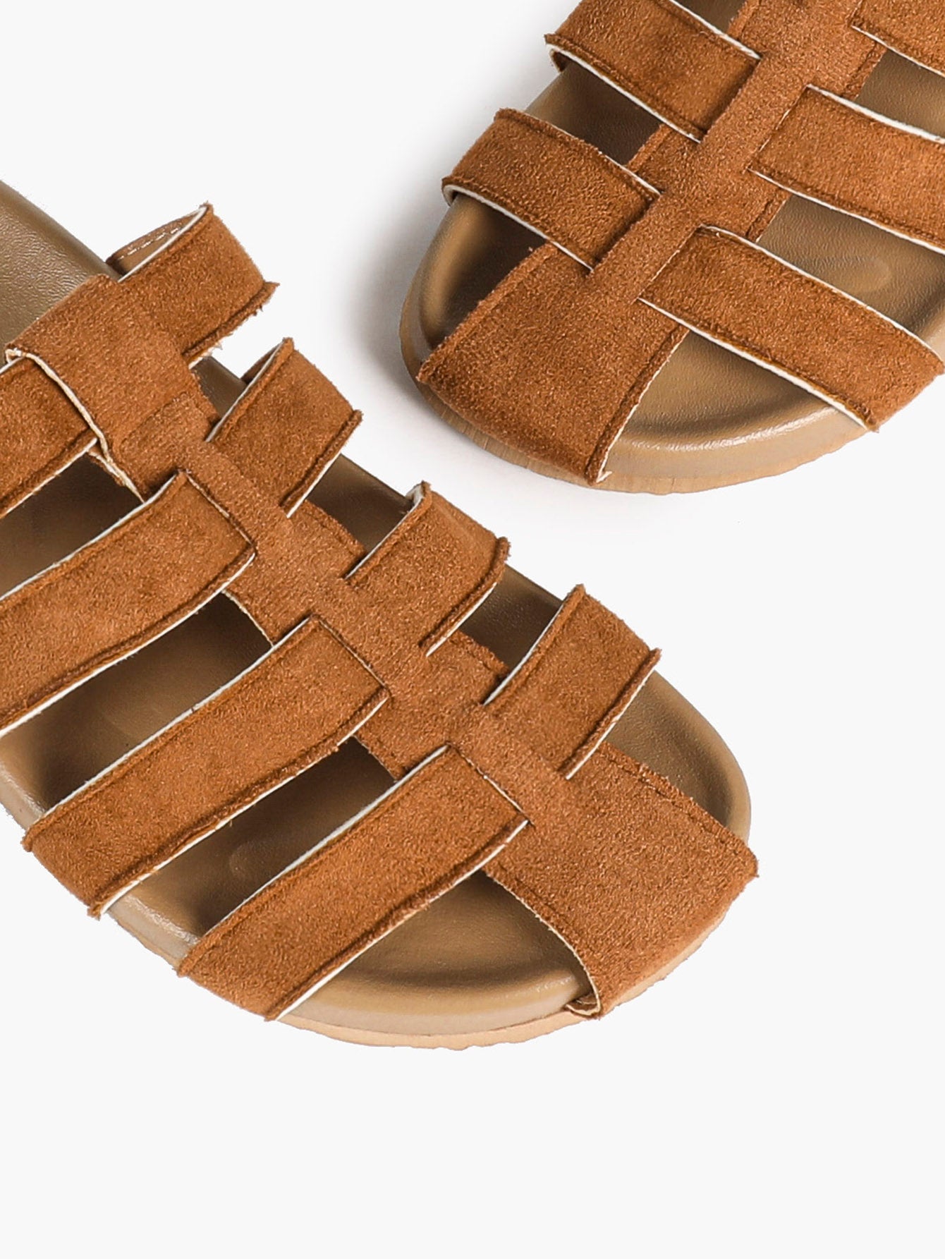 Camel Suede Woven Cage Slides with Silver-Tone Side Buckle