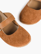 Black Suede Mary Jane Mule with Gold-Tone Buckle and Cushioned Sole
