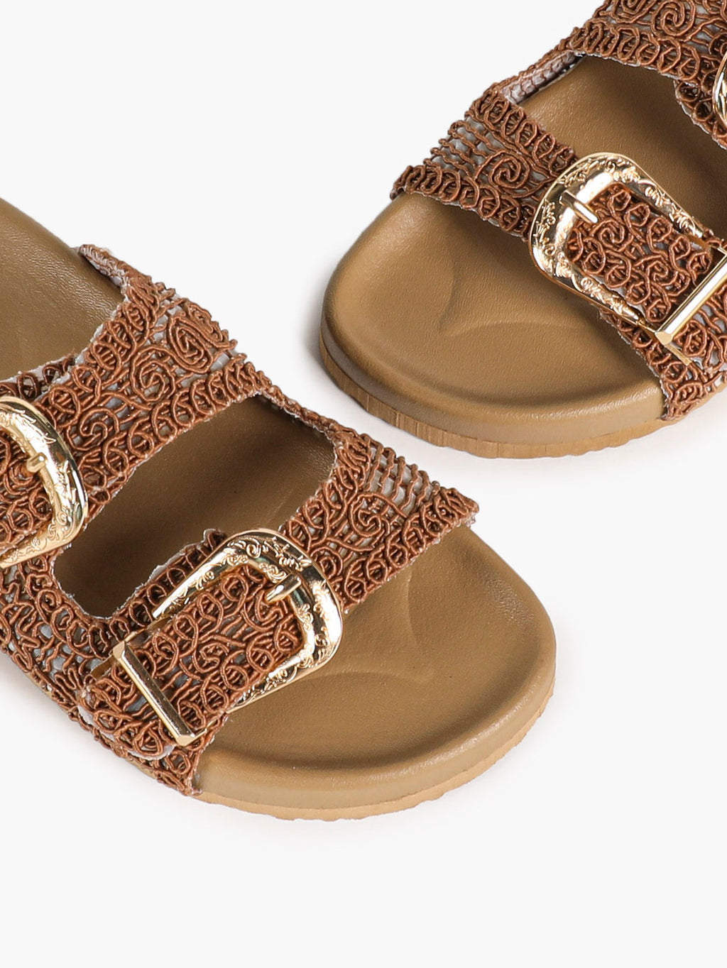 Tan Woven Double-Strap Slide Sandals with Gold Buckles for Boho Summer Days