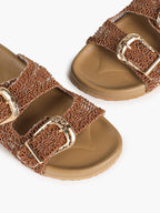 Tan Woven Double-Strap Slide Sandals with Gold Buckles for Boho Summer Days