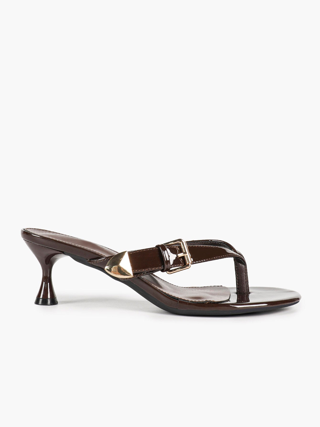 Women's Dark Brown Patent Leather T-Strap Thong Mule Sandals Buckle Detail Kitten Heels Slip-On with Soft Insole
