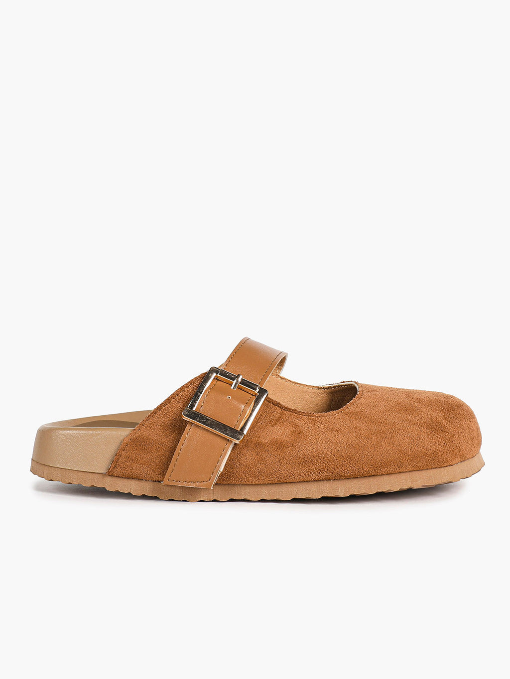 Black Suede Mary Jane Mule with Gold-Tone Buckle and Cushioned Sole
