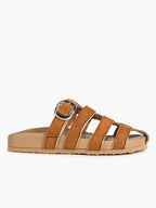 Camel Suede Woven Cage Slides with Silver-Tone Side Buckle