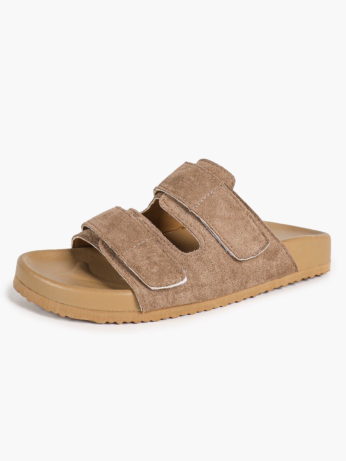 Black Suede Double-Strap Velcro Slide Sandals with Cushioned Footbed