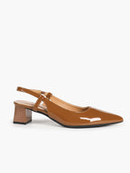 Caramel Patent Pointed-Toe Slingback Pumps with Split-Strap Detail and Block Heel
