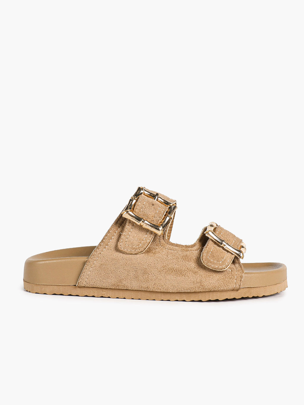 Camel Suede Double-Buckle Platform Slides with Textured Gold-Tone Hardware
