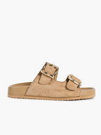 Camel Suede Double-Buckle Platform Slides with Textured Gold-Tone Hardware