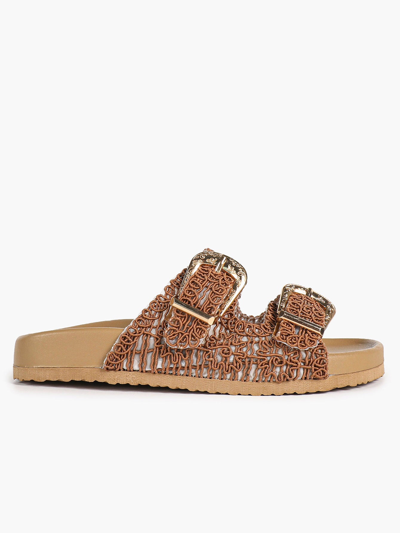 Tan Woven Double-Strap Slide Sandals with Gold Buckles for Boho Summer Days