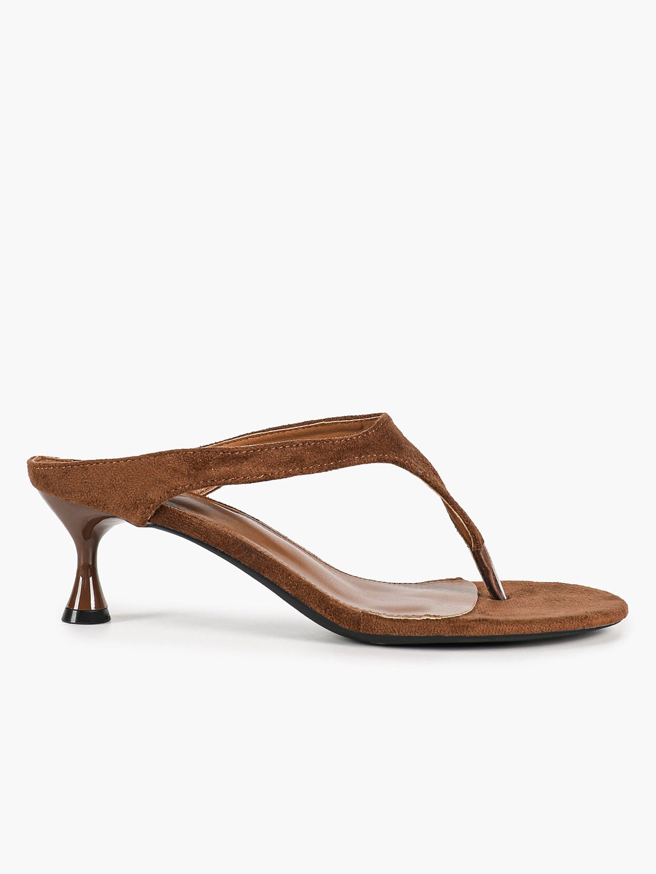 Women's Brown Suede T-Strap Thong Sandals Kitten Heels Slip-On Mules with Soft Insole