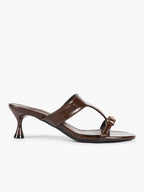 Brown Glossy Faux Leather T-Strap Thong Mule Sandals Adjustable Buckle Kitten Heels Slip-On Soft Insole