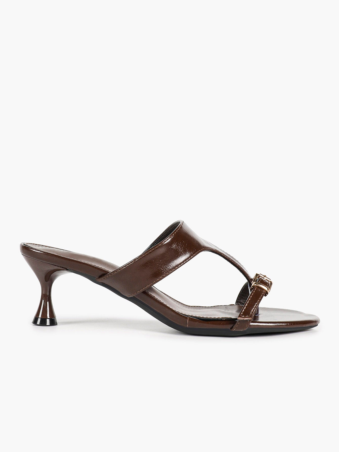 Brown Glossy Faux Leather T-Strap Thong Mule Sandals Adjustable Buckle Kitten Heels Slip-On Soft Insole