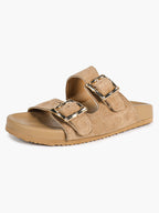 Camel Suede Double-Buckle Platform Slides with Textured Gold-Tone Hardware