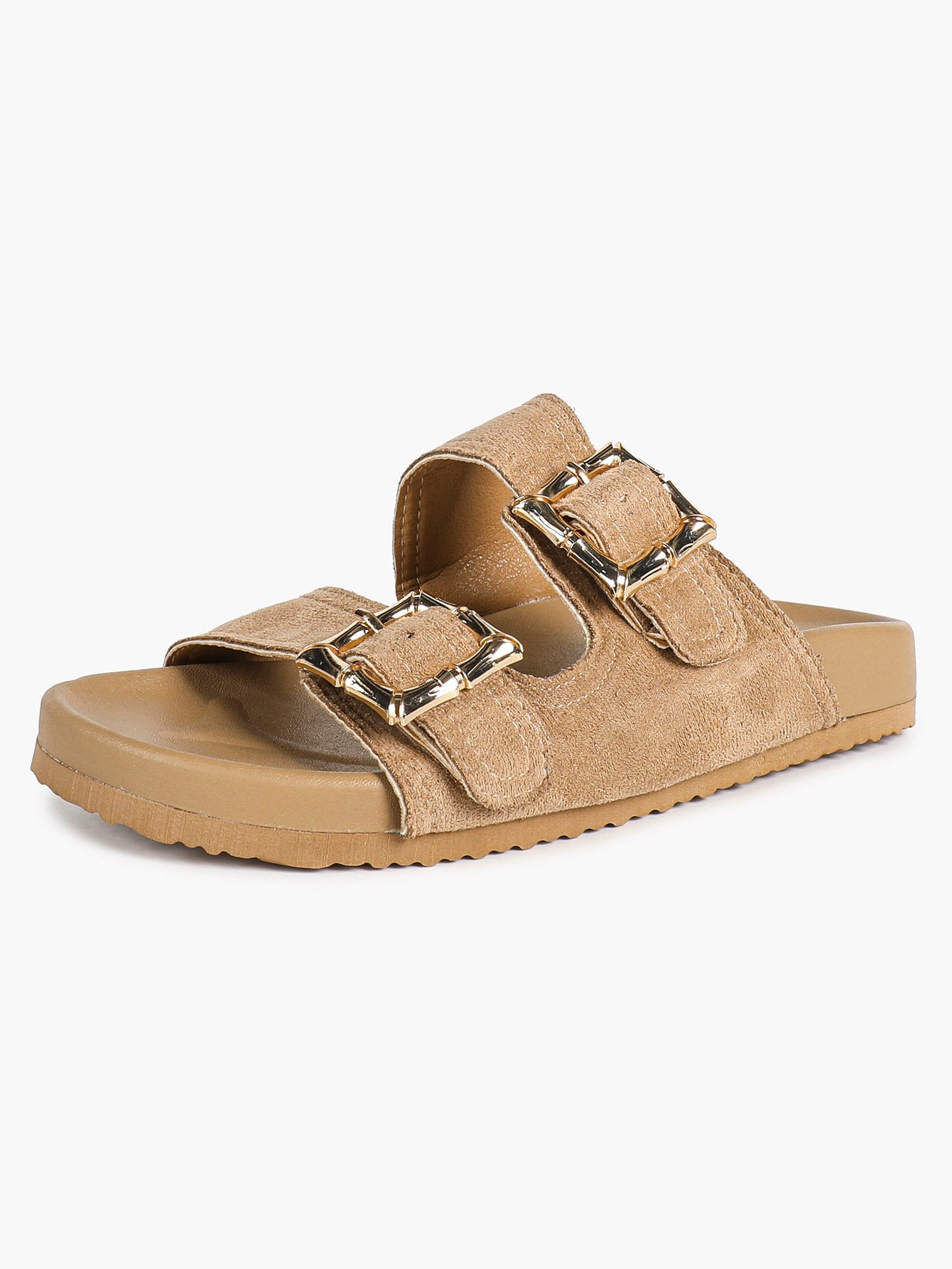 Camel Suede Double-Buckle Platform Slides with Textured Gold-Tone Hardware