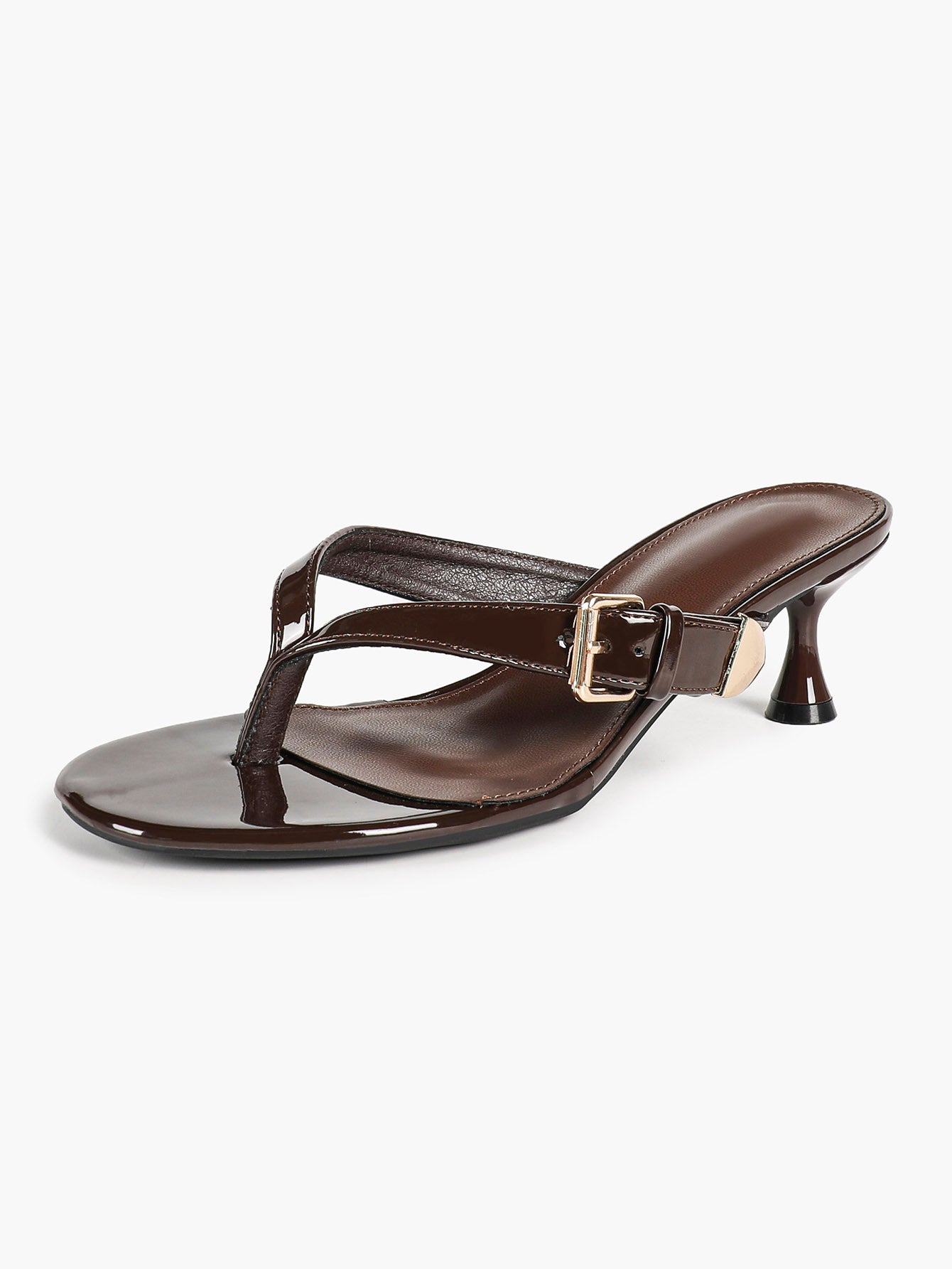 Women's Dark Brown Patent Leather T-Strap Thong Mule Sandals Buckle Detail Kitten Heels Slip-On with Soft Insole