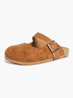 Black Suede Mary Jane Mule with Gold-Tone Buckle and Cushioned Sole