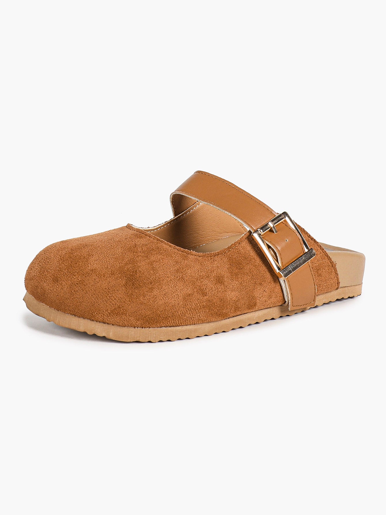 Black Suede Mary Jane Mule with Gold-Tone Buckle and Cushioned Sole