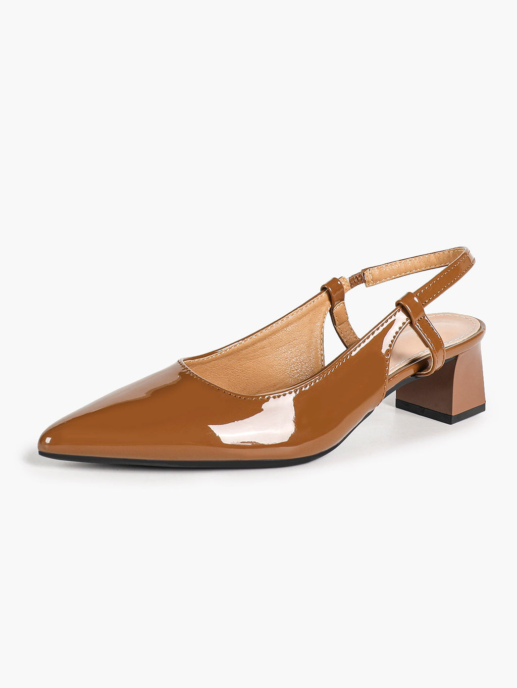 Caramel Patent Pointed-Toe Slingback Pumps with Split-Strap Detail and Block Heel